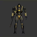 Futuristic Armored Character Design With Black Gold Armor And Yellow Accents