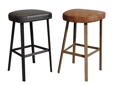 Two Stylish Bar Stools With Leather Seats Metal And Wooden Legs Black Brown 3d model