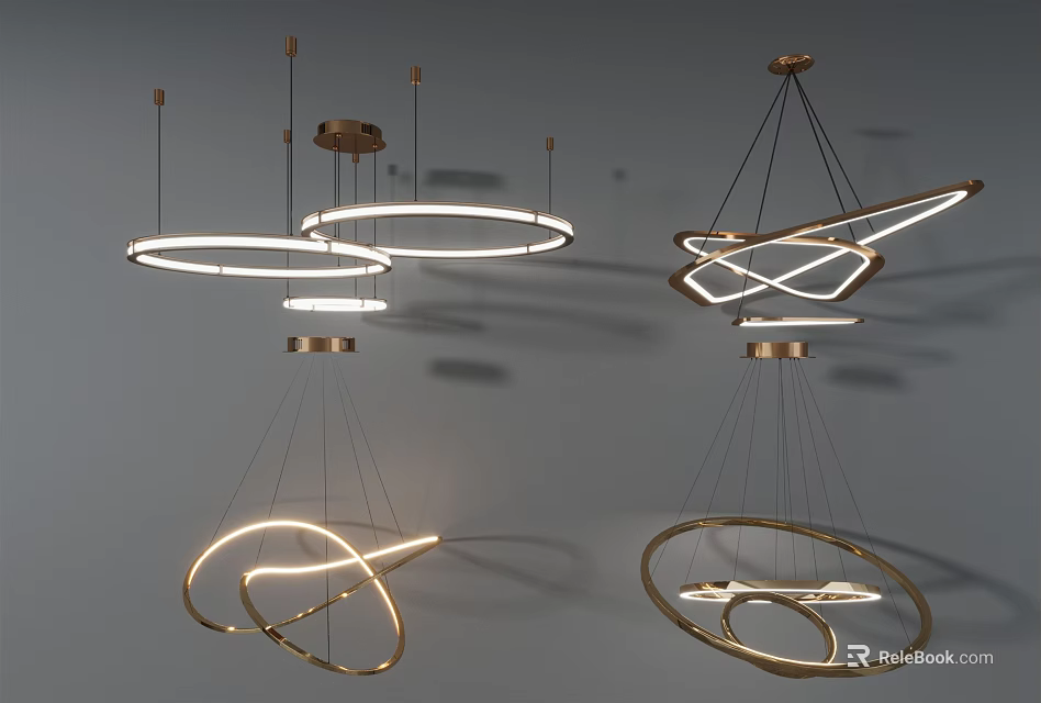 Modern Chandeliers With Brass Frames LED Light Strips And Curved Circular Designs 3d model 