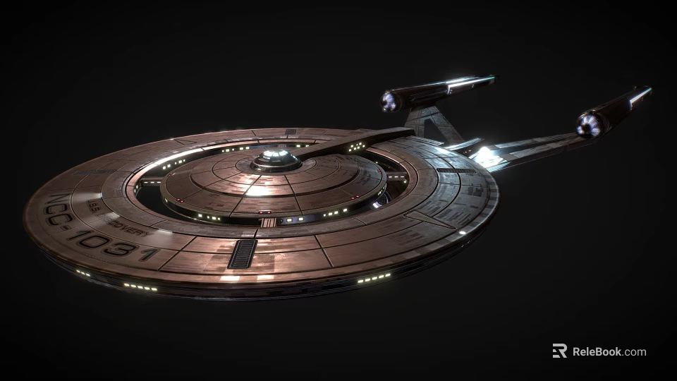 Space Exploration Disc Shaped Spaceship With Illuminated Metallic Structure And Deep Space Background 3d model