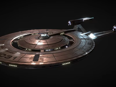 Space Exploration Disc Shaped Spaceship With Illuminated Metallic Structure And Deep Space Background 3d model