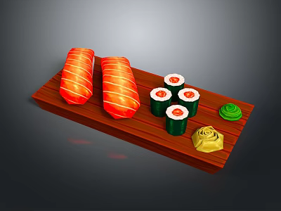 Fresh Red And Green Sushi Rolls With Decorative Garnish On Wooden Tray 3d model