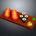 Fresh Red And Green Sushi Rolls With Decorative Garnish On Wooden Tray