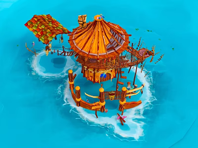 Vibrant Cartoon Scene Of Island With Wooden Building Colorful Roof And Water Platforms 3d model