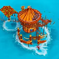 Vibrant Cartoon Scene Of Island With Wooden Building Colorful Roof And Water Platforms