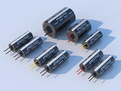 Various Electronic Capacitors In Array With Different Sizes And Colored Leads 3d model