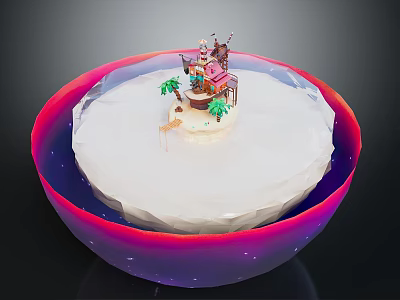 Surreal Circular Landscape With White Island Pink Building Palm Trees And Purple Pink Gradient Edges 3d model