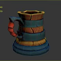 Detailed Decorative Wooden Mug With Blue Bands Red Handle And Layered Design