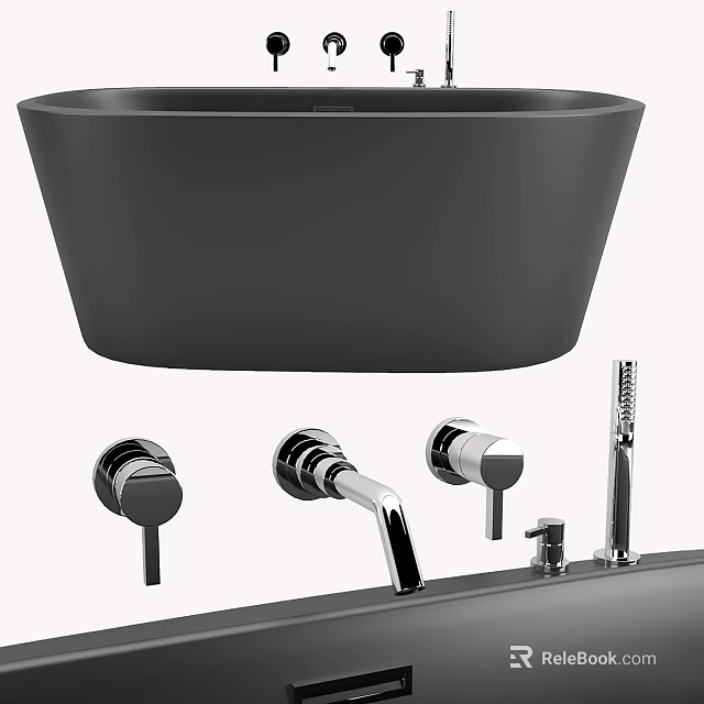 Sleek Modern Black Freestanding Bathtub With Faucet And Shower Fixtures 3d model 