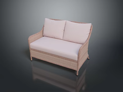 Stylish Wicker Two Seater Sofa With Light Colored Cushions And Seat Pad 3d model