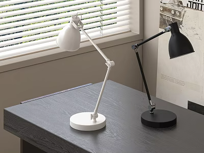 White And Black Modern Desk Lamps On Dark Table Near Window Blinds 3d model