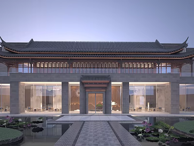 Traditional Chinese Style Office Building With Overhanging Eaves Glass Curtain Wall And Courtyard 3d model