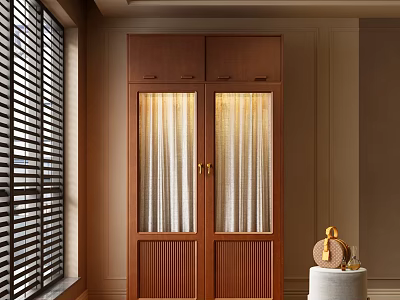Elegant Modern Wardrobe Doors With Glass Panels Golden Handles Wooden Frames And Window Shutters 3d model