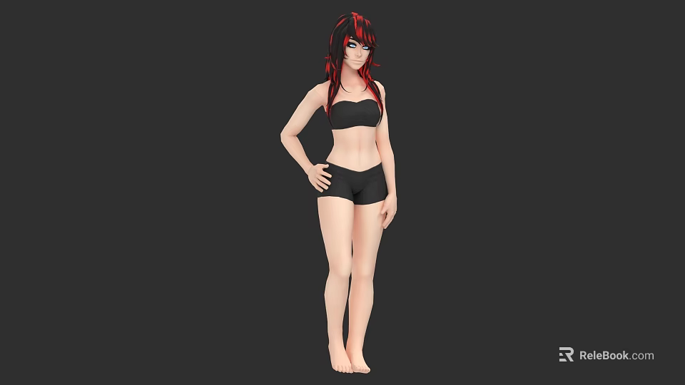 Woman With Red And Black Hair In Black Bikini Standing Against Black Background 3d model 