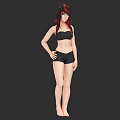 Woman With Red And Black Hair In Black Bikini Standing Against Black Background