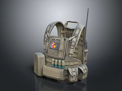 Tactical Military Vest With Radio Antenna Medical Cross Panel And Utility Pockets 3d model