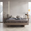 Modern Double Bed With Wooden Frame Upholstered Headboard Plush Pillows And Linen Bedding