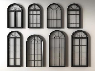 Stylish Arch Top Casement Windows With Black Frame And Grid Patterns 3d model
