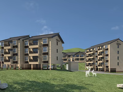Modern Multi Story Residential Building With Green Lawn White Deer And Mountain View 3d model