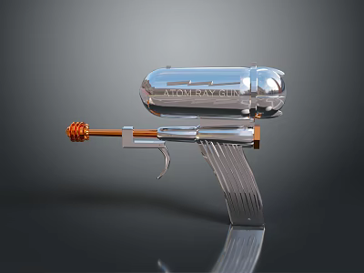 Futuristic Metallic Weapon With Silver Finish Transparent Section And Orange Accent MEMEAPOCALYPSE Label 3d model