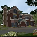 Detached Villa Featuring Red Brick Exterior Green Roof Arched Porch And Lush Garden With Trees