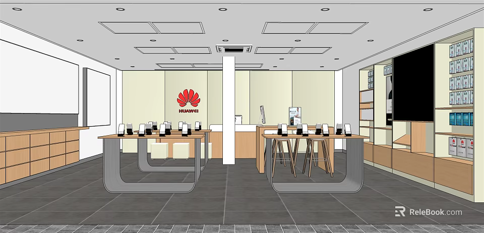 Huawei Digital Store Interior With Display Tables Showcasing Smartphones And Accessories 3d model 