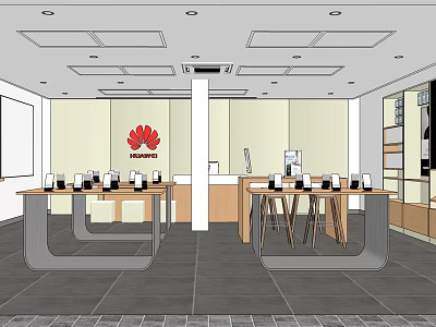 Huawei Digital Store Interior With Display Tables Showcasing Smartphones And Accessories 3d model