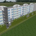 Tall Modern Residential Building with Glass Facade and Green Landscaping Along Driveway and Garage Entrances