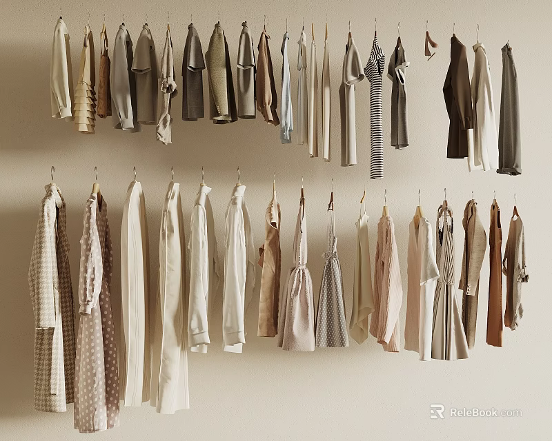 Hanging Clothes in Various Styles with Neutral Tones Neatly Arranged on Wall Hangers 3d model 