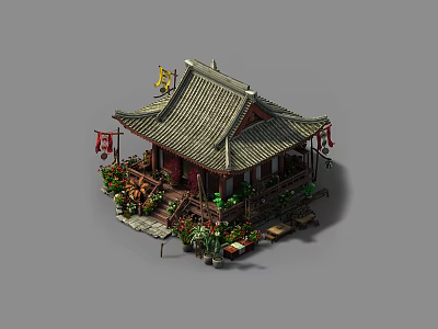 Cartoon Scene Of Traditional Chinese Pavilion With Green Tile Roof Red Decorations And Surrounding Plants 3d model