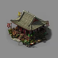 Cartoon Scene Of Traditional Chinese Pavilion With Green Tile Roof Red Decorations And Surrounding Plants