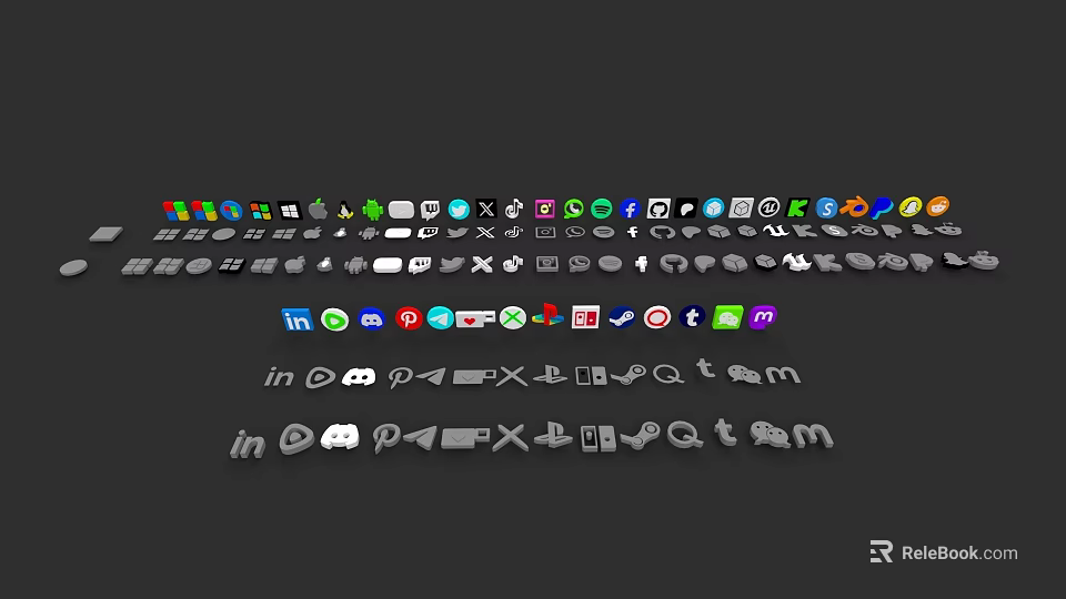 Colorful App Icons With Different Shapes Arranged In Multiple Rows On Black Background 3d model 