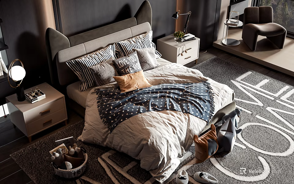 Modern Double Bed with Upholstered Headboard Stylish Bedding Nightstands Lamp and Plant in Cozy Bedroom 3d model 