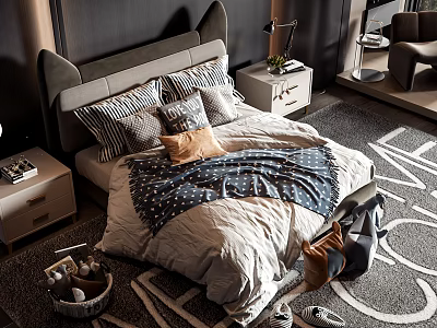 Modern Double Bed with Upholstered Headboard Stylish Bedding Nightstands Lamp and Plant in Cozy Bedroom 3d model
