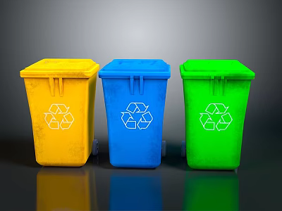 Row of Yellow Blue Green Recycling Bins With Recycle Symbols For Waste Sorting 3d model