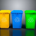 Row of Yellow Blue Green Recycling Bins With Recycle Symbols For Waste Sorting