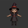 Cute Little Girl Character Wearing Purple Witch Hat With Red Dress And Open Arms