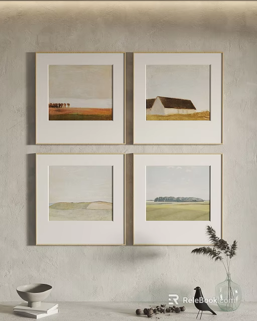 Four Framed Landscape Artworks Featuring Fields House Trees And Sky On Gray Wall 3d model 