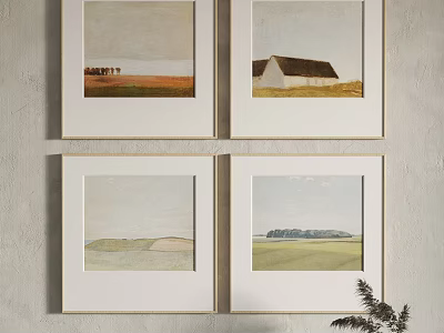 Four Framed Landscape Artworks Featuring Fields House Trees And Sky On Gray Wall 3d model