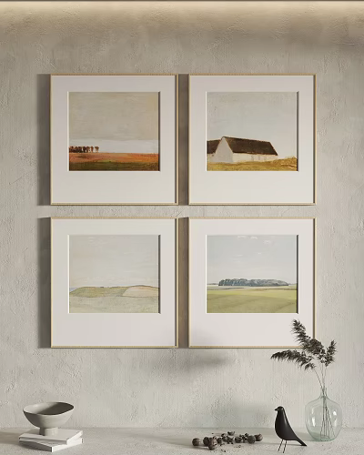 Four Framed Landscape Artworks Featuring Fields House Trees And Sky On Gray Wall 3d model