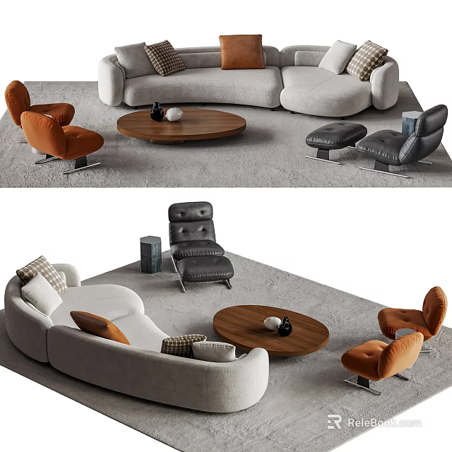 Modern Curved Sofa And Round Coffee Table Set With Orange Gray Accent Chairs 3d model