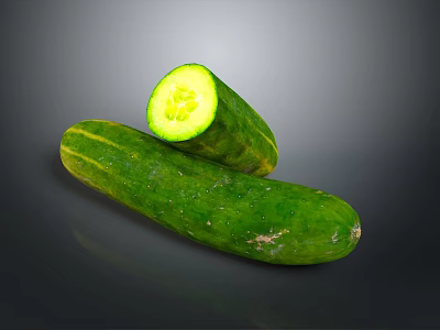 Whole And Sliced Fresh Green Cucumber With Juicy Flesh And Seeds On Dark Background 3d model