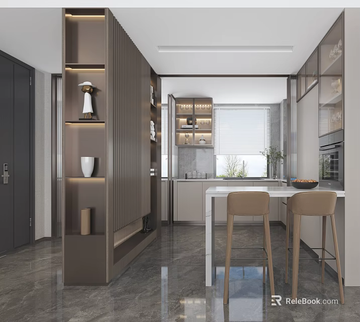 Modern Kitchen Interior Design With Island Counter Cabinets And Bar Stools 3d model