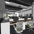 Modern Public Office Space Interior With Open Workstations Desks Computers And Office Chairs 3d model