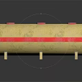 Yellow Cylindrical Storage Tank With Red Stripes And Three Red Lids On Metal Stand