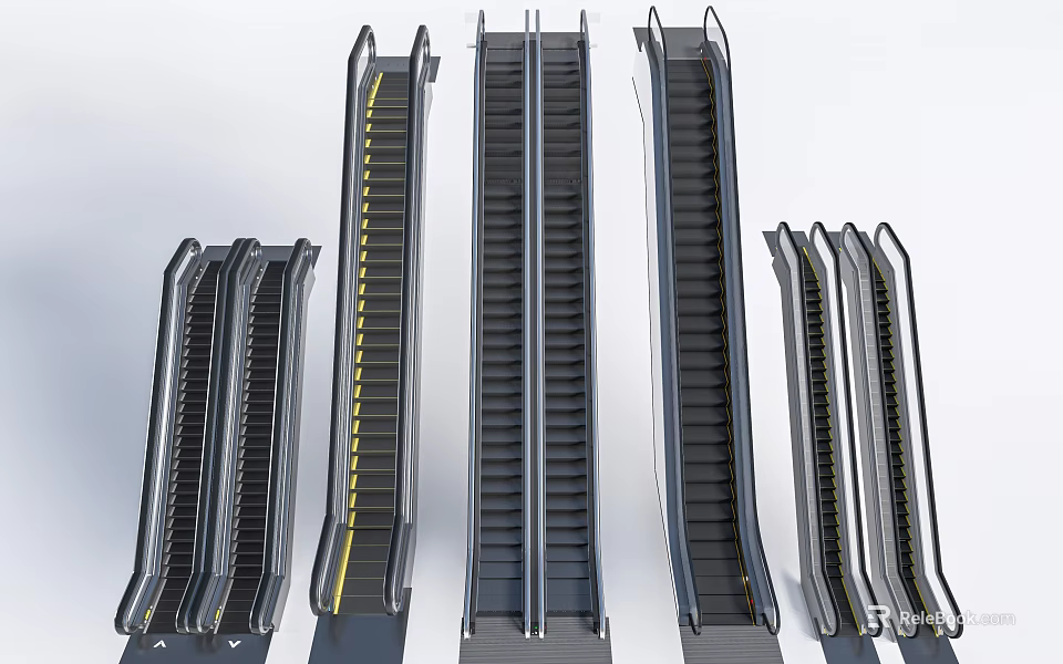 Modern Various Escalators Design With Metal Frame And Yellow Safety Lines 3d model 