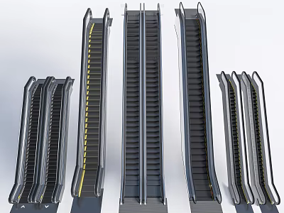 Modern Various Escalators Design With Metal Frame And Yellow Safety Lines 3d model
