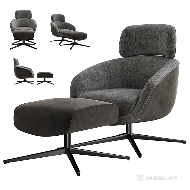Stylish Modern Gray Armchair With Ottoman And Black Metal Base Design 3d model 