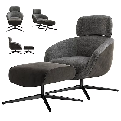 Stylish Modern Gray Armchair With Ottoman And Black Metal Base Design 3d model
