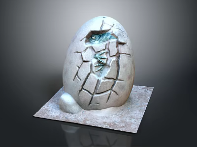 Mystical Cracked Egg Sculpture Featuring Mythical Creature Hatchling With Textured Shell On Stone Base 3d model
